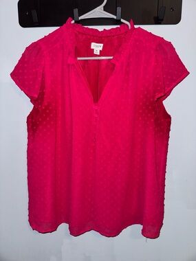 J. Crew Hot Pink Swiss Dot Ruffle Collar Cap Sleeve Blouse